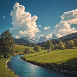 a green valley with some clouds and trees