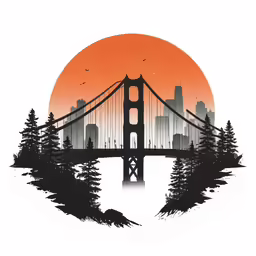 a view of a bridge and the city under a red orange sky