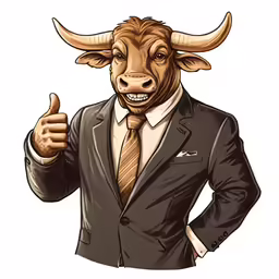 a cartoon bull in a suit thumbs up