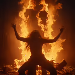 a woman is dancing in front of a large fire