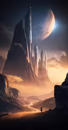 a star trek scene with a distant city on the edge of a rocky mountain
