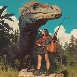 a woman and a large dinosaur in a field
