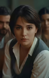 woman sitting in front of other people, wearing a white shirt
