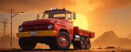 an artistic 3d rendering of a red dump truck in front of a orange sunset,a big truck parked in front of a yellow sunset