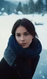 a girl standing in the snow wearing a scarf