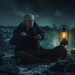 a man sitting on the ground holding a light bulb