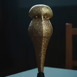 an intricate gold vase with an evil looking face on it