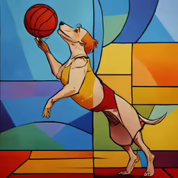a painting depicting a dog with a basketball