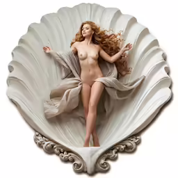 a naked woman with long red hair and dress on a white shell