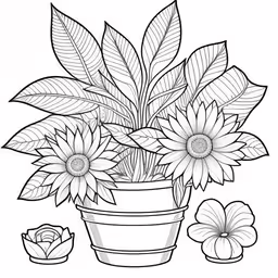 a flower pot with flowers and leaves coloring pages,an image of a flower pot with plants in it