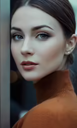 woman with blue eyes and a brown sweater