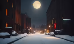 a dark street with the moon in the sky