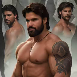 an image of a man wearing no shirt in front of two other males