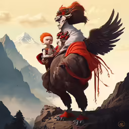 an art print featuring a girl riding on a bird like animal
