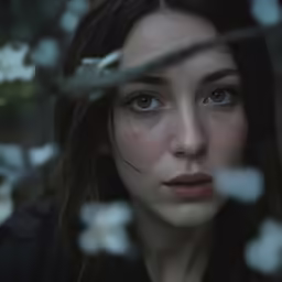 a woman looks over her shoulder through branches