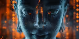 a futuristic avatar has glowing orange eyes