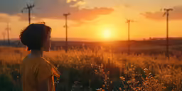a girl is in a field with lots of windmills