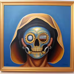 painting of a skeleton wearing a helmet with goggles