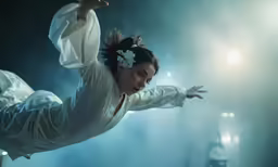 a girl is floating in the air with her hands raised
