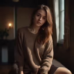 a woman in a tan sweater is sitting on a chair