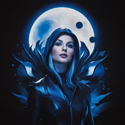 a woman with hooded down and wearing all black stands under a full moon