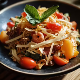 a bowl of food has vegetables and noodles in it
