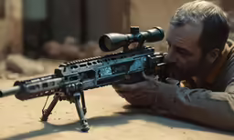 a man with an automatic rifle is aiming at a nearby object