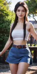 woman posing with bare breast in short skirt