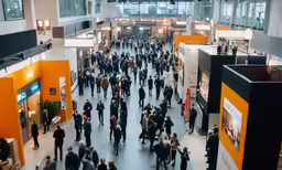 the interior of a building with many people