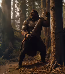 man with big teeth dressed in medieval costume holding a sword in a woods