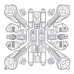 a drawing of several different sized objects,a circle of different types of equipment