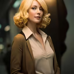 a blonde woman wearing an unbuttoned jacket