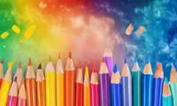 colorful pencils lined up in rows, on a space themed background