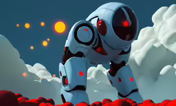 a futuristic robot in the sky surrounded by clouds