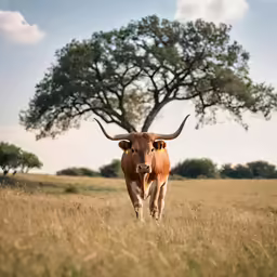 a longhorn bull in a grassy area