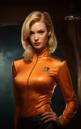 the blond haired girl in leather is posing