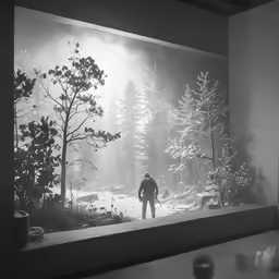a person standing in front of a window with winter trees