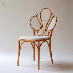this image shows an old fashioned chair made of bamboo and a woven seat pad