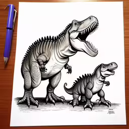 two dinosaurs next to each other near one another,an adult dinosaur with an adult dinosaur in its mouth