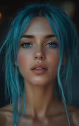 a woman with blue hair with blonde and dark makeup