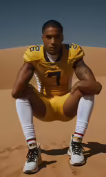 a man sitting on top of a sand dune in a yellow uniform