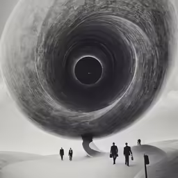 people are walking near a large, metal object in the desert