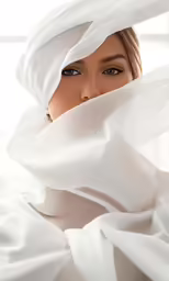 a woman with a white headscarf covered with fabric