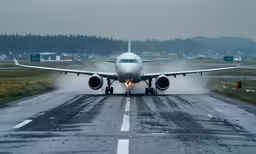 an airplane landing on the runway while dust plumes around it