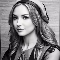 a girl with long blond hair, wearing a beret
