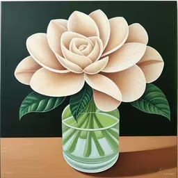 a painting of a large flower in a vase,there is a painting of a vase with a flower