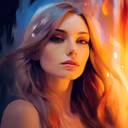a woman with very long hair stares into the distance,an attractive blond girl painting with vibrant colors