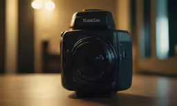 a camera sitting on top of a wooden table