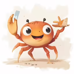 a drawing of an orange crab holding a piece of cheese