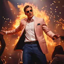 a man wearing sunglasses and a suit is standing near some fireworks